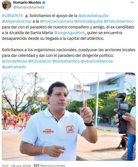 Romario Montes exigió acelerar la búsqueda del excandidato desaparecido - crédito @RomarioMontes8/X