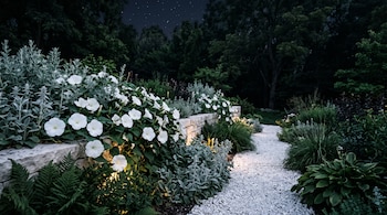 Flores blancas abiertas junto a un muro bajo de piedra, follaje plateado y un sendero de gravilla blanca bajo un cielo nocturno.