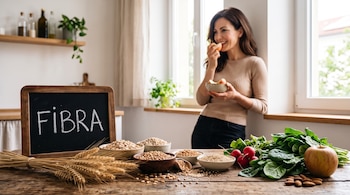 Cartel con la palabra FIBRA, cuencos con granos, espinacas, rábanos y una mujer comiendo cerca de una ventana.