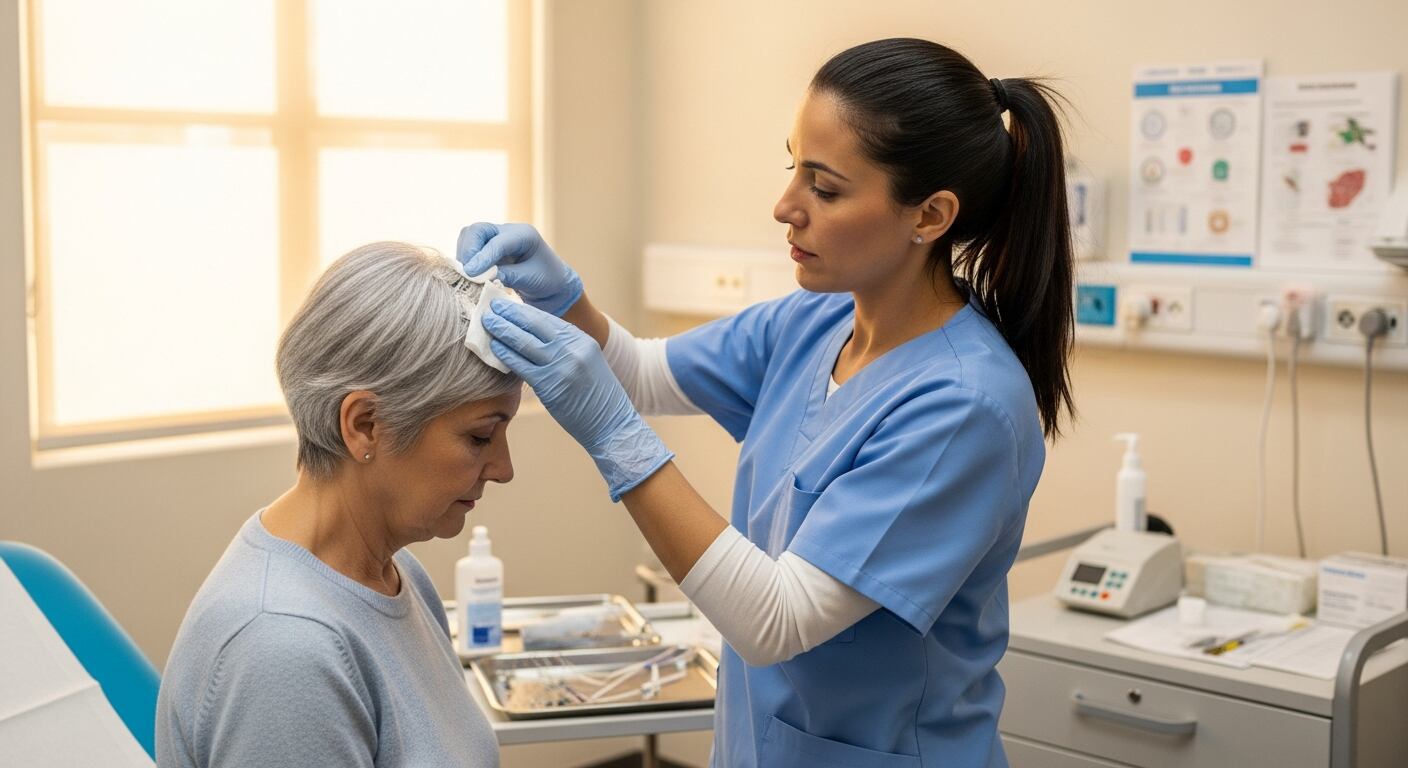 Una enfermera atiende a una paciente mayor, realizando una curación en la cabeza dentro de una sala de consulta médica. La imagen resalta la importancia del cuidado profesional y la atención personalizada en el sector salud. (Imagen Ilustrativa Infobae)