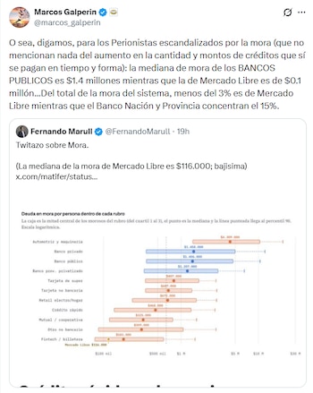 Captura de pantalla de una publicación en X de Marcos Galperin con un gráfico sobre deuda en mora por persona según el rubro financiero