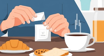 Ilustración vectorial flat de dos manos abriendo un sobre de Stevia para verterla en una taza de café junto a un desayuno con croissant, galleta y tostada.