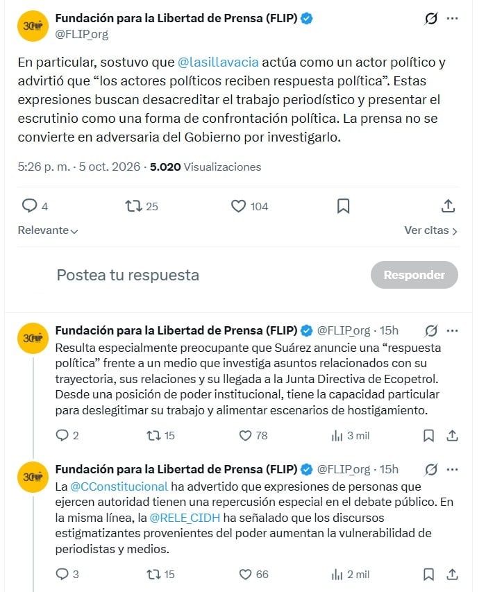 La Flip recordó que los señalamientos de funcionarios del Gobierno pueden ser calificados como una forma de desacreditar el trabajo de los comunicadores y periodistas - crédito @FLIP_org/X