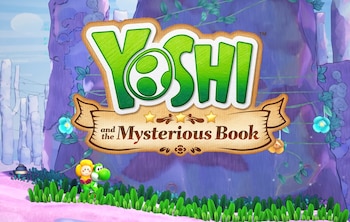 Logotipo de 'Yoshi and the Mysterious Book' en primer plano, con Yoshi y un personaje femenino caminando sobre césped bajo formaciones rocosas púrpuras