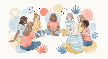 Ilustración de ocho mujeres adultas de diferentes tonos de piel y cuerpos sentadas en círculo sobre un fondo con formas abstractas en colores pastel.