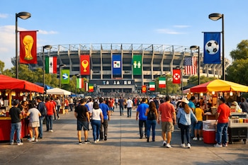 Plano general del Estadio Azteca visto desde una avenida peatonal con aficionados, puestos de comida, banderas nacionales y banners de FIFA. Cielo azul claro.