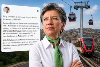 Claudia López posa junto a un mensaje escrito, un tren del Metro de Bogotá y cabinas de cable aéreo sobre la ciudad.