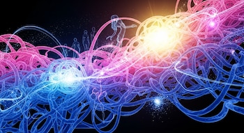 Imagen abstracta con intrincadas formas tubulares en tonos vibrantes de rosa y azul. Destacan puntos de luz brillante y siluetas femeninas etéreas sobre fondo oscuro.