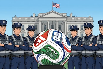 Dibujo de la Casa Blanca con la bandera de EEUU, rodeada por seis agentes de policía uniformados frente a un balón de fútbol Trionda gigante