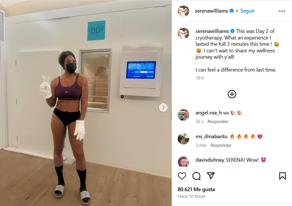 El tratamiento de crioterapia gana popularidad entre atletas de élite para mejorar el rendimiento y la recuperación muscular(Creditos: Serena Williams vía Instagram)