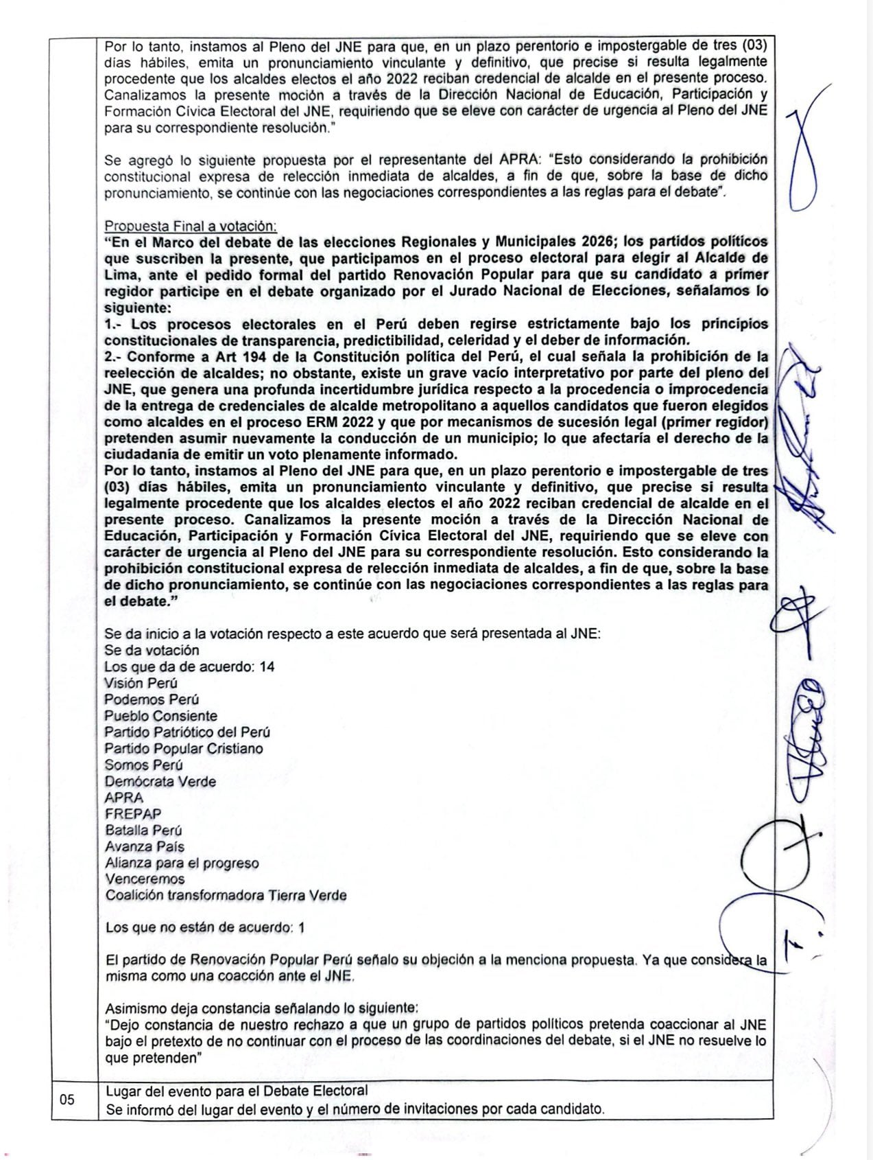 Un documento suscrito por varios partidos políticos peruanos solicita al Jurado Nacional de Elecciones una resolución sobre la reelección de alcaldes para los comicios de 2026.