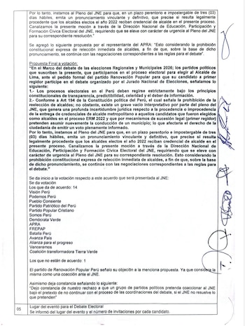 Página impresa con texto mecanografiado en español sobre acuerdos políticos en Perú y varias firmas manuscritas en el margen derecho