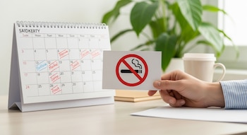 Una mano sostiene una tarjeta blanca con un símbolo de prohibido fumar. Detrás, un calendario de escritorio con días marcados. Al fondo, una planta y una taza.