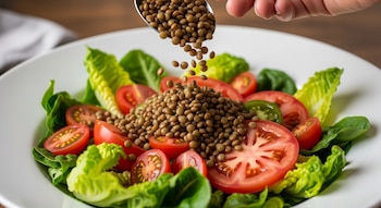 Una mano vierte lentejas desde una cuchara sobre una ensalada fresca en un plato blanco, que contiene hojas de lechuga verde y rodajas de tomate rojo.