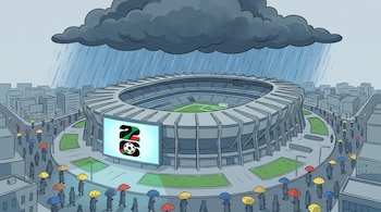 Ilustración plana de un estadio de fútbol moderno en la Ciudad de México bajo lluvia intensa. Se ve el logo de la Copa Mundial 2026 y multitudes con paraguas.