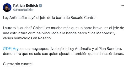 La ministra Patricia Bullrich destacó la detención del presunto jefe de la barra de Rosario Central con un mensaje en redes sociales