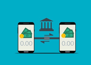 Ilustración de dos teléfonos móviles que muestran billetes y la cifra cero, conectados a la silueta de un banco sobre un fondo azul
