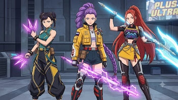 Tres figuras femeninas de anime. La primera con shurikens morados, la segunda con un bastón morado y la tercera con un hacha azul. Fondo tecnológico