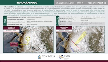 Infografía con texto explicativo, tablas de lluvia y viento, una imagen satelital y un mapa con el pronóstico de trayectoria del huracán Polo