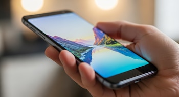 Una mano sujeta un teléfono móvil de color oscuro con la pantalla encendida, que muestra una imagen de un paisaje montañoso con agua.