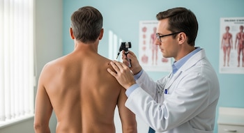 Vista posterior de hombre de mediana edad sin camisa y médico examinando lunar en su hombro derecho con dermatoscopio en consultorio.
