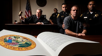 Sala de tribunal con juez golpeando el mazo, dos agentes de policía escoltando a un hombre esposado y un libro de leyes abierto en primer plano con el sello de Florida.