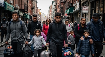 Un grupo diverso de adultos y niños, la mayoría con rasgos latinos, camina por una calle de la ciudad llevando maletas y mochilas, con edificios de ladrillo al fondo y un cartel de "FOR RENT".