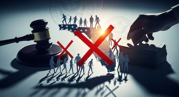 Un mapa de Florida con siluetas de personas, algunas marcadas con una 'X' roja. A la izquierda, un mazo de juez; a la derecha, una mano colocando dinero sobre billetes.