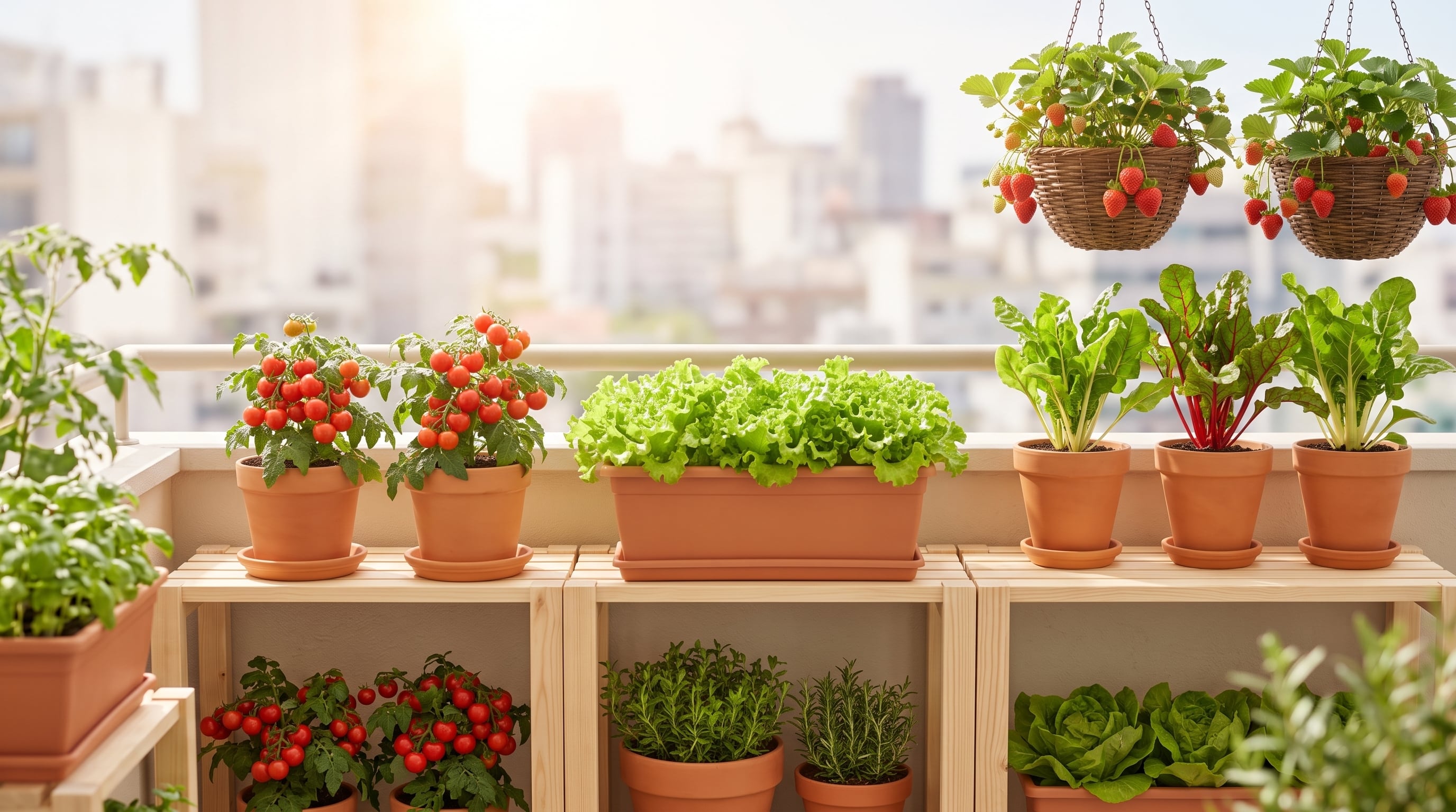 Un huerto urbano instalado en un balcón reúne cultivos de tomates cherry, lechugas, acelgas y fresas frente al panorama de la ciudad. (Imagen Ilustrativa Infobae)