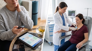 Mujer sentada usando teléfono móvil y tableta. Médica en bata blanca aplicando dispositivo médico al área de la clavícula de una paciente sentada en una silla.