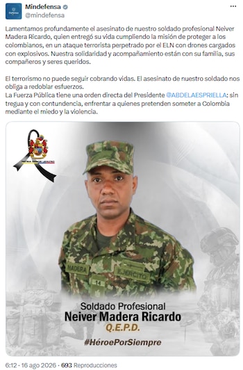 El Ejército lamenta la muerte de Neiver Madera Ricardo tras ataque con drones del ELN - crédito @mindefensa/X