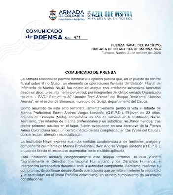 La Fuerza Naval del Pacífico entregó detalles del ataque a una embarcación de la Armada en Cauca - crédito @FNP_ArmadaCol/X