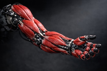 Primer plano de un brazo robótico sofisticado con músculos artificiales de color rojo intenso que se extienden desde el hombro hasta los dedos contra un fondo oscuro.