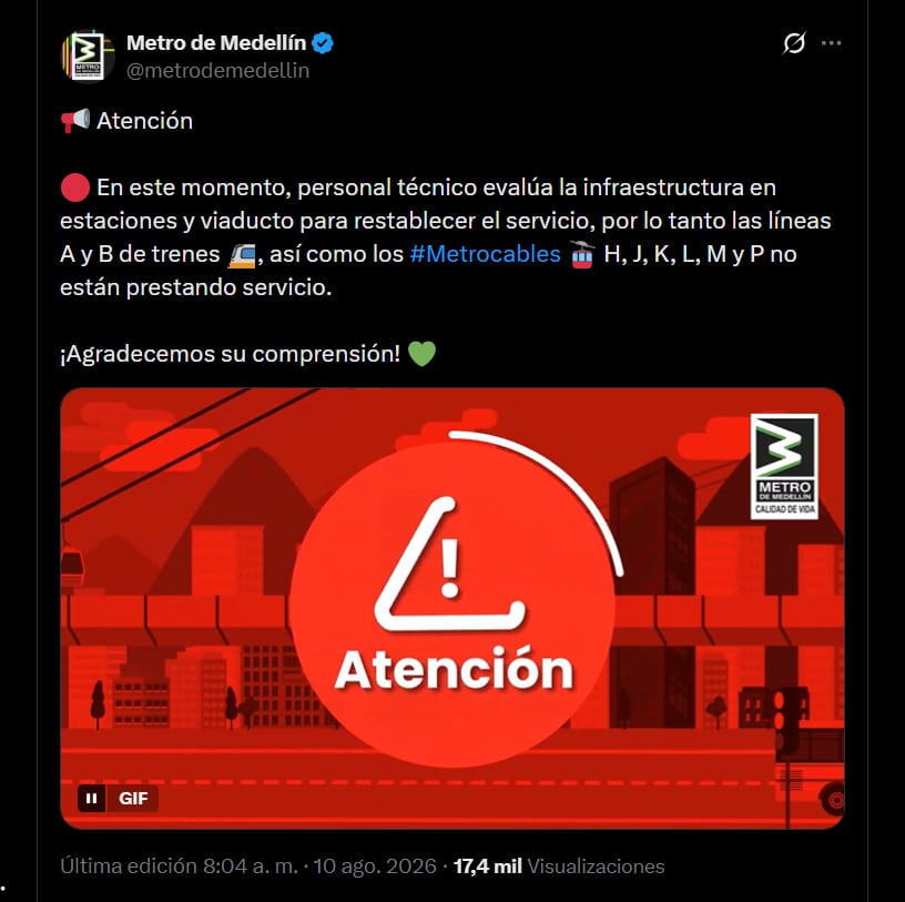 Metro de Medellín suspendió operaciones tras fuerte sismo - crédito X