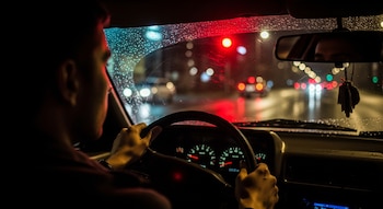 Hombre conduce vehículo de noche, con manos en el volante. Parabrisas con gotas de lluvia y semáforo en rojo al frente. Se ve el tablero del coche.