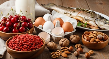 Una mesa de madera con cerezas rojas, bayas de goji secas, huevos en un cartón, leche, pescado cocido en un plato y una variedad de frutos secos.