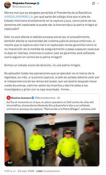 Alejandro Carranza criticó a Abelardo de la Espriella por su presencia en operativo en Cali