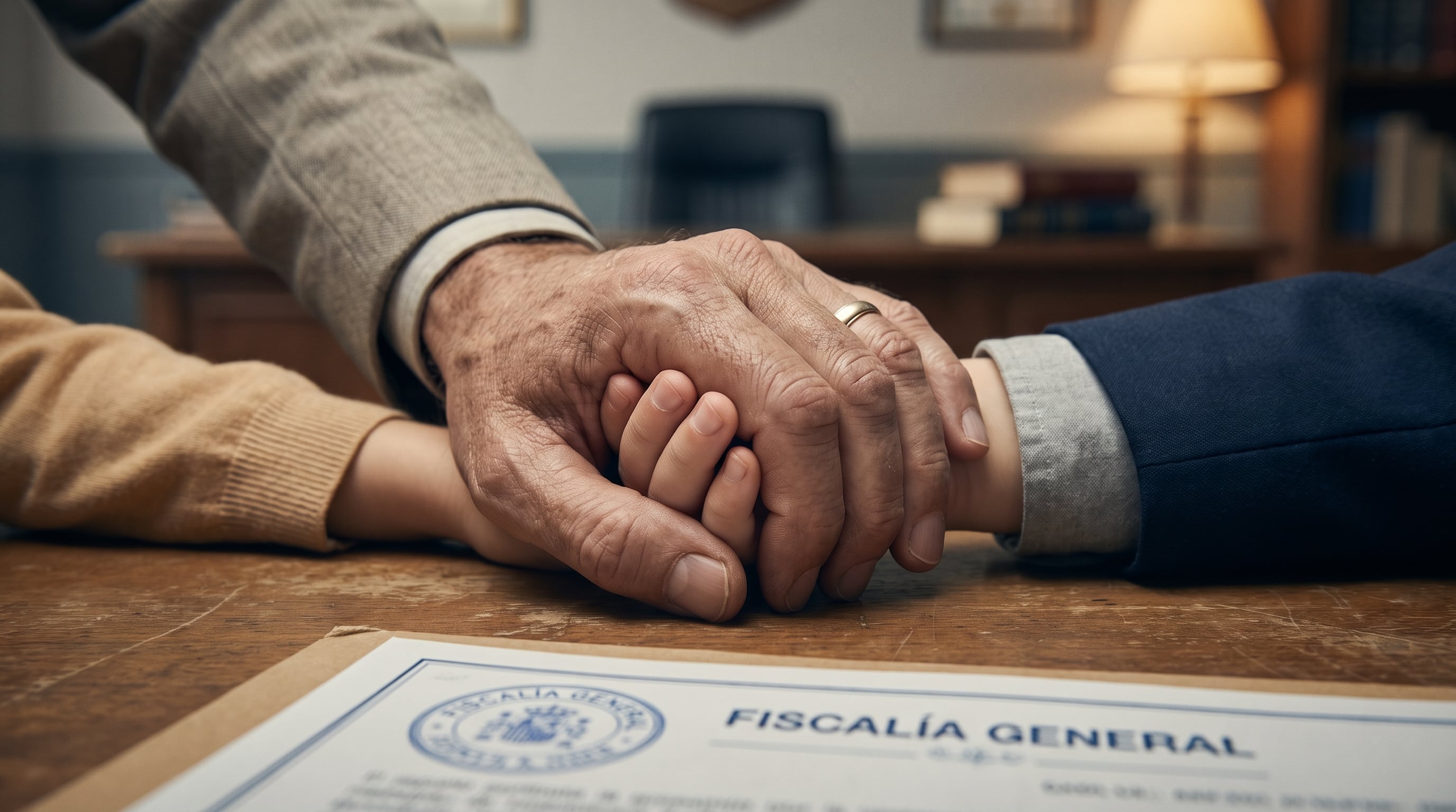 Una mano adulta sostiene la mano de un menor sobre una mesa junto a un documento oficial de la Fiscalía General sobre un procedimiento de custodia. (Imagen Ilustrativa Infobae)