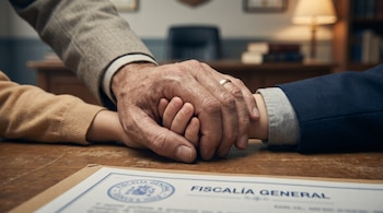 Primer plano de una mano adulta que sostiene la de un menor sobre un escritorio con un documento de la Fiscalía General.