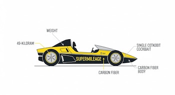 Infografía lateral del vehículo Supermileage de BYU, negro y amarillo sobre blanco. Destaca su peso de 49 kg, cabina unipersonal y carrocería de fibra de carbono.