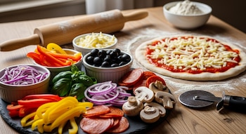 Pizza con salsa y queso, rodillo de madera, cortador de pizza, cuenco con harina, cuencos con queso, aceitunas, pimientos, cebolla, pepperoni, champiñones, albahaca en una mesa.