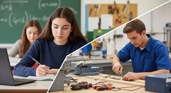 Composición dividida: una estudiante escribe en un aula con portátil y otra joven de fondo; y un joven trabaja con herramientas en un taller.