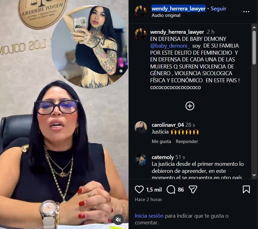 La abogada Wendy Herrera afirmó que el informe de Medicina Legal reveló lesiones que evidencian la defensa de Baby Demoni antes de su fallecimiento - crédito wendy_herrera_lawyer / Instagram