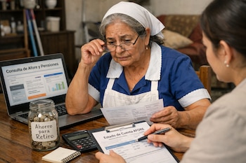 Una mujer de edad avanzada con uniforme de trabajadora y una mujer más joven sentadas en una mesa. Hay un portátil, una calculadora, documentos y un frasco con monedas.