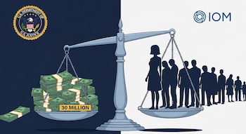 Balanza, billetes verdes con "30 MILLION", siluetas de personas. Logos del Departamento de Justicia de Estados Unidos y la OIM.
