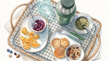 Ilustración de una bandeja con gajos de naranja, mermelada, panqueques, frutos secos, vaso con agua, termo, mate y cubiertos.