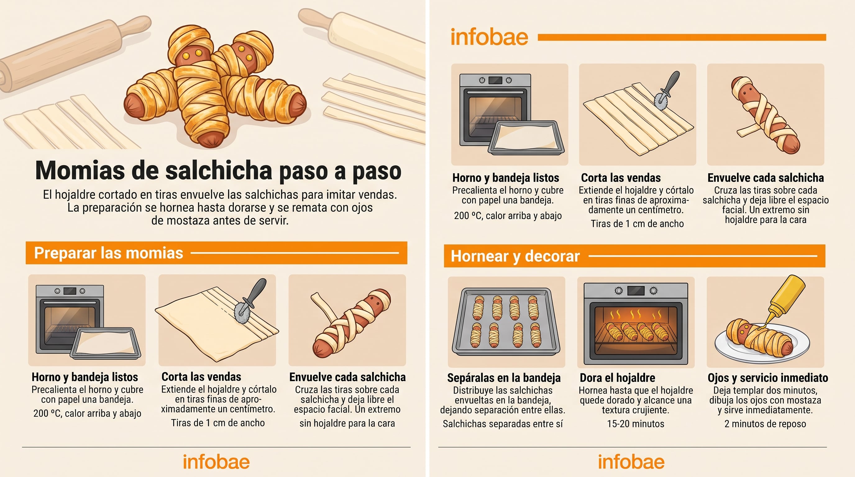 Una infografía de Infobae detalla el procedimiento de preparación y cocción de salchichas envueltas en tiras de masa de hojaldre. (Imagen Ilustrativa Infobae)