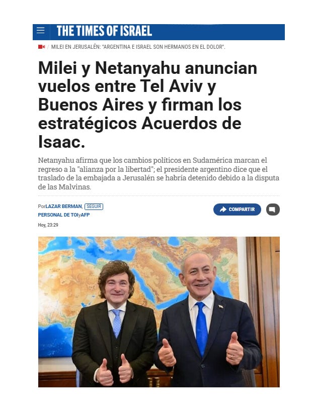 El presidente argentino y el primer ministro israelí anuncian el primer vuelo directo entre Buenos Aires y Tel Aviv tras la firma de acuerdos estratégicos