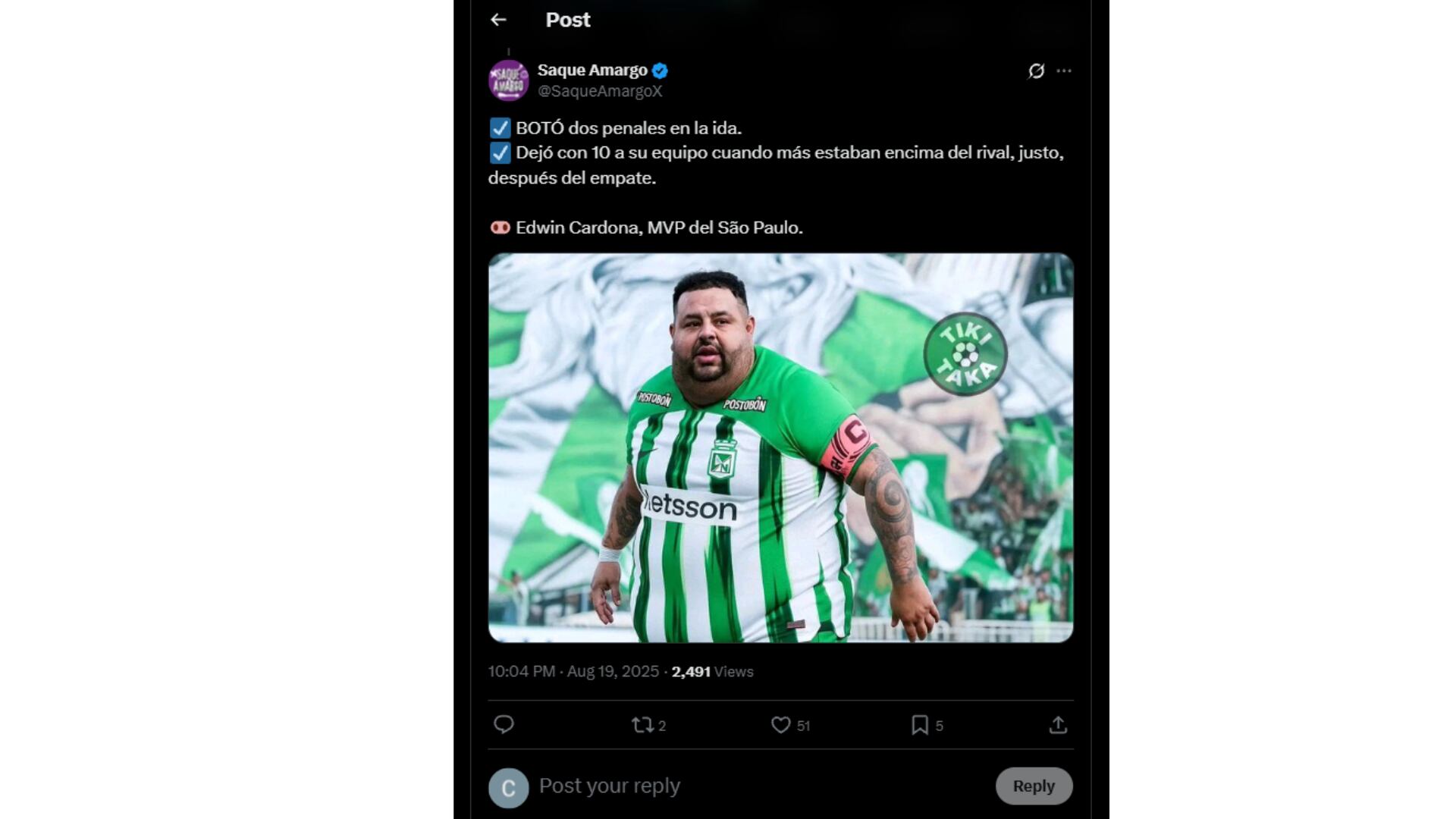 La eliminación desde los tiros del punto penal del verde de Antioquia y el mal partido de Edwin Cardona, fueron los focos de atención en los memes - crédito redes sociales
