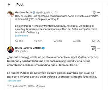 Oscar Ramírez contestó al anuncio del presidente Gustavo Petro - crédito @SoyVahos